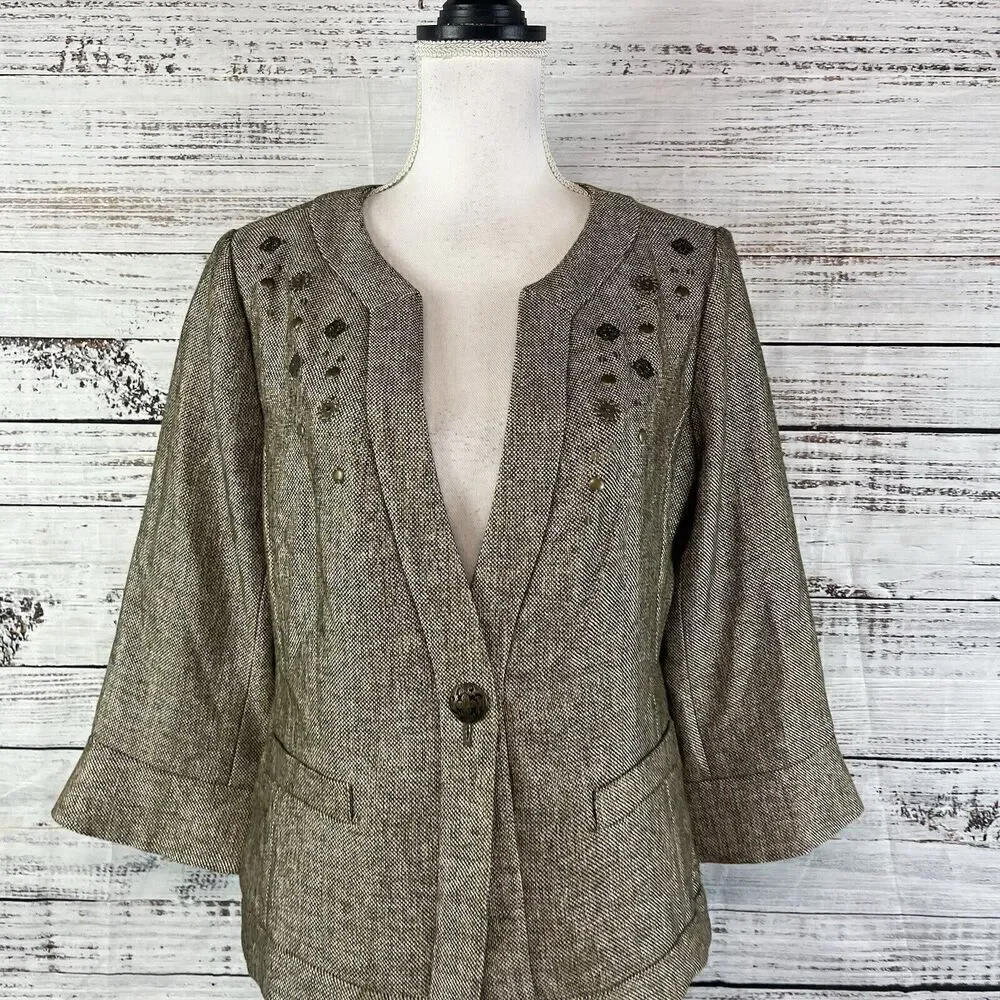 Coldwater Creek Blazer Jacket size 10 Brown Gold Tweed Career Professional